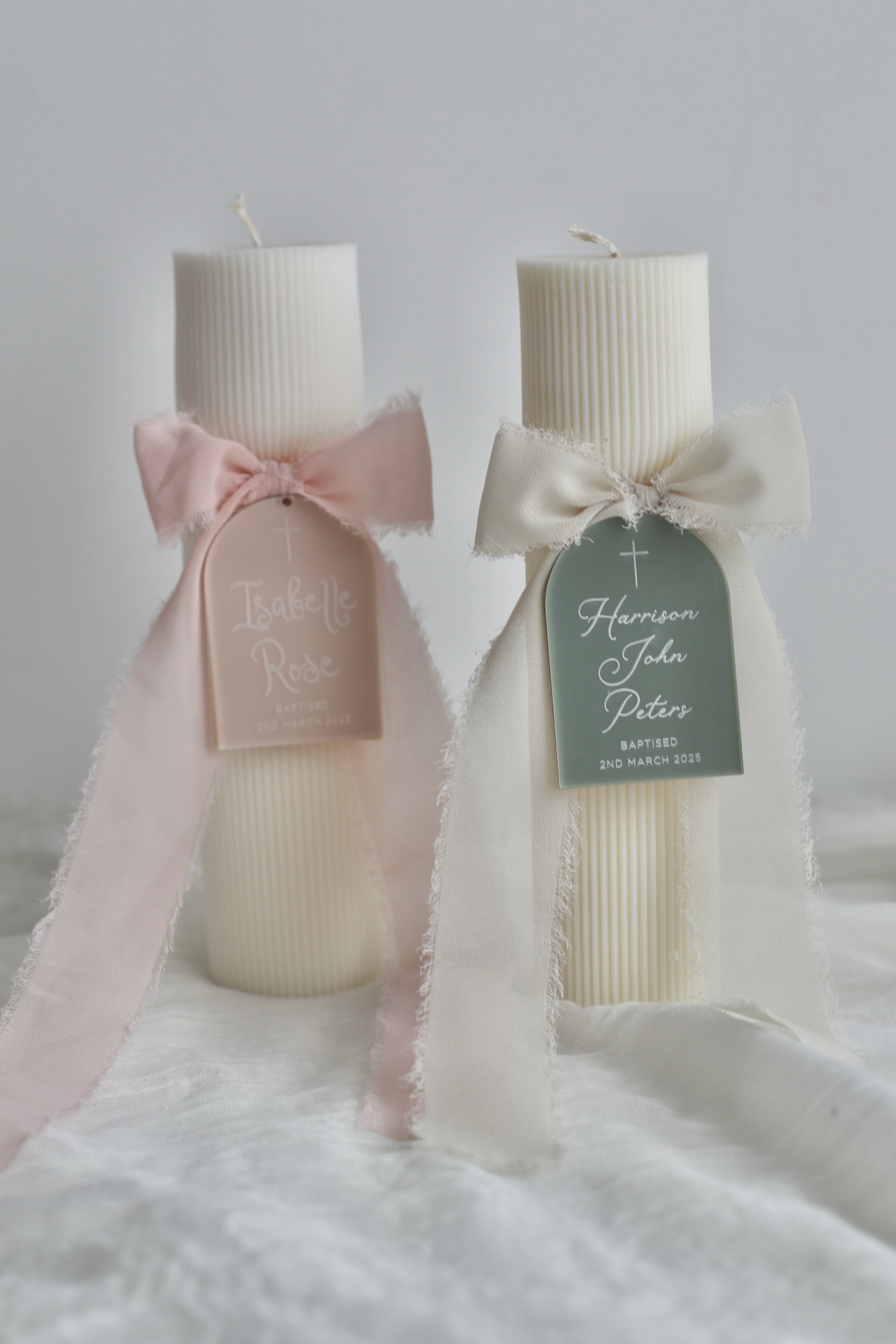 Hourglass Ribbed Baptism Candle w/ Acrylic Plaque