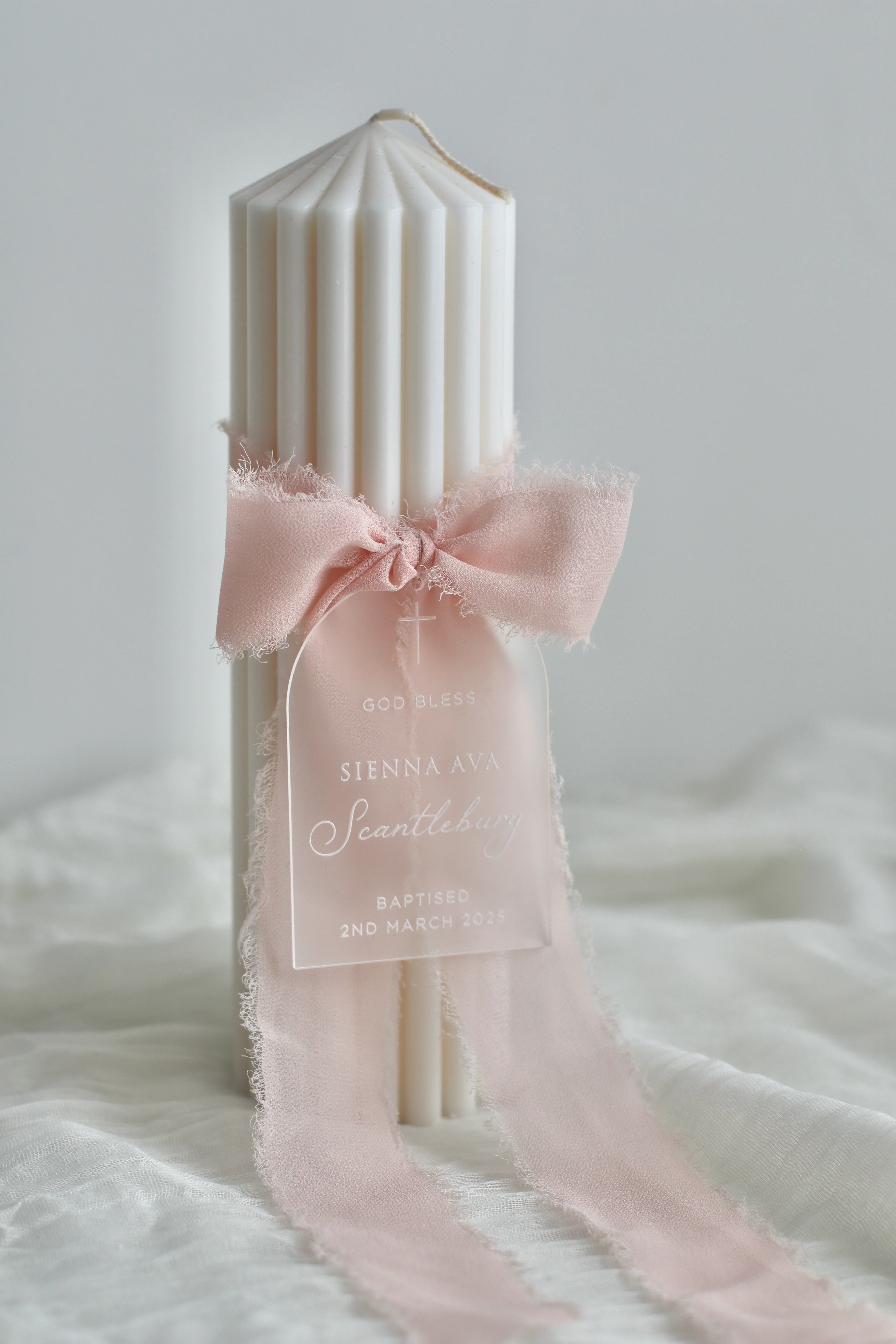 Ribbed Baptism Candle w/ Acrylic Plaque